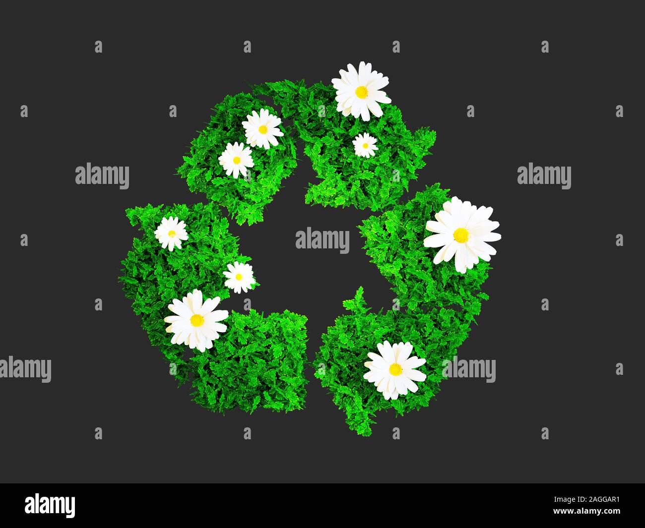 Green recycle sign with white daisy flowers isolated on dark grey background. Clipping path included. 3d illustration. Stock Photo