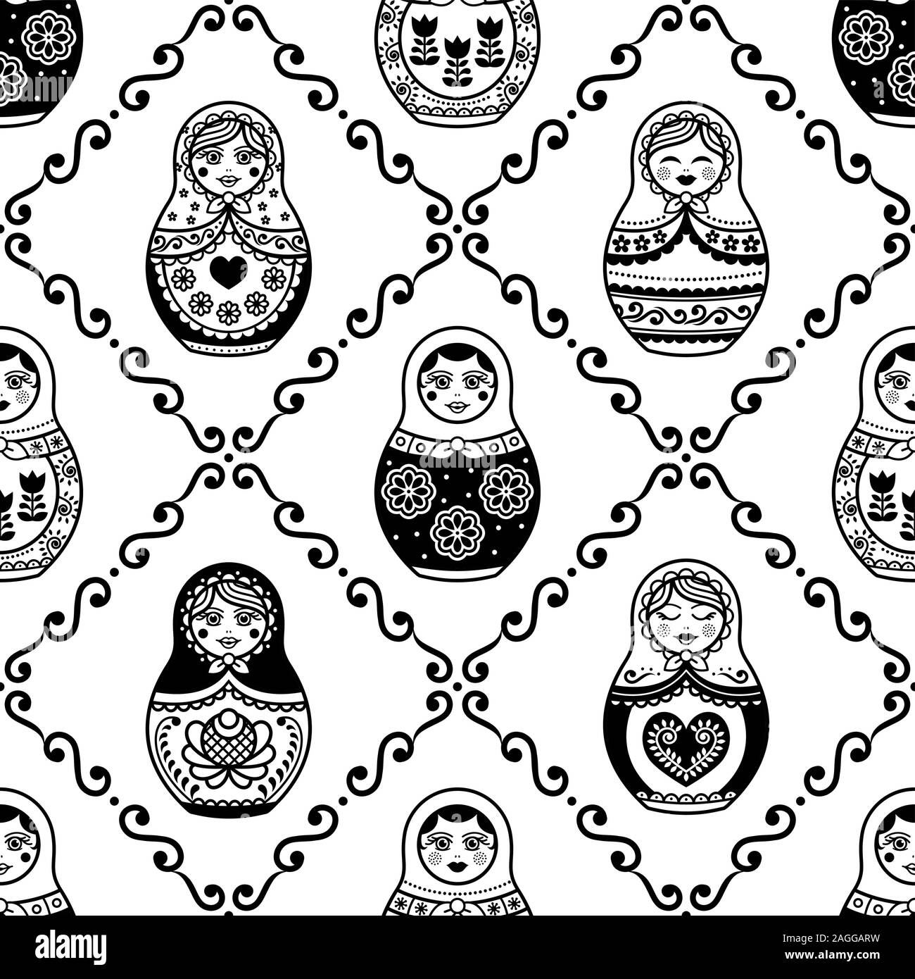 Russian nesting doll vector seamless pattern, repetitive design inpisred by Matryoshka dolls from Russia Stock Vector