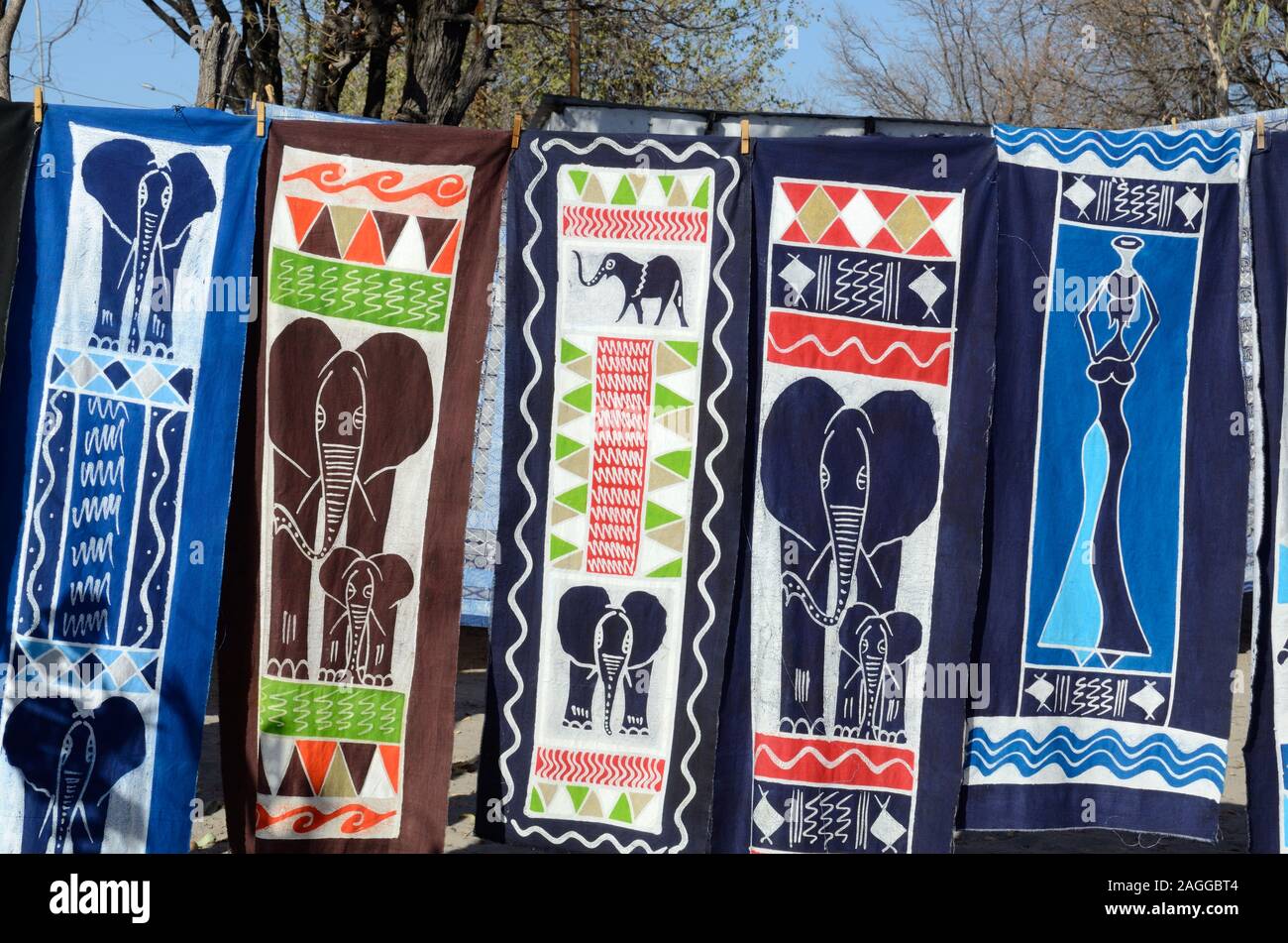 colourful batik cloths for sale at a street market Maun Botswana AFrica Stock Photo