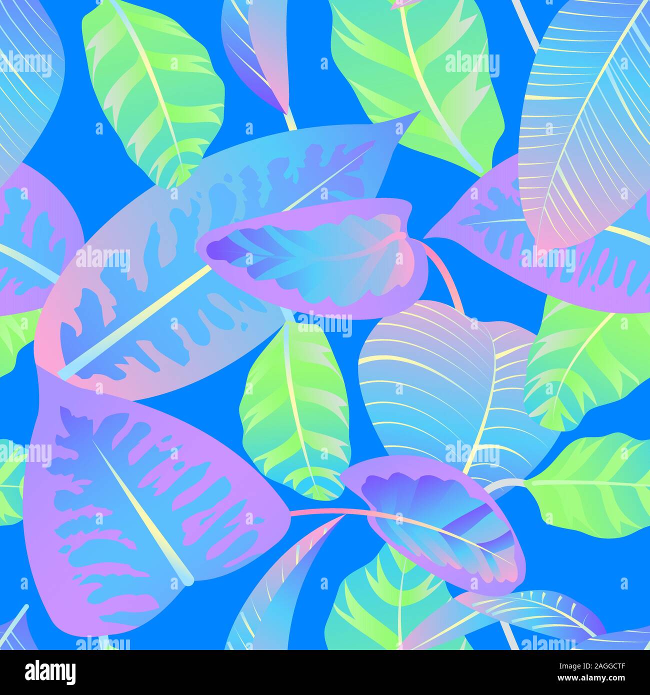 Seamless pattern with neon gradient tropical leaves. Vector illustration Stock Vector