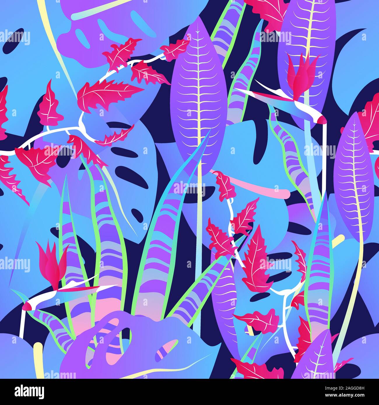 Seamless pattern with neon gradient tropical leaves. Vector illustration Stock Vector
