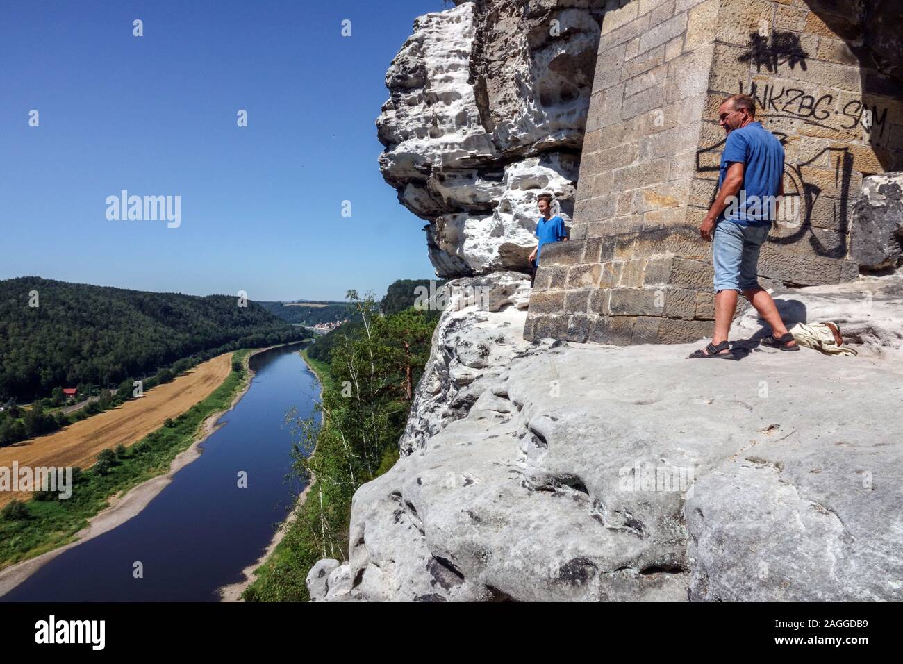 Elbe Sandstone Mountains Elbe valley river Saxon Switzerland national park People Germany Stock Photo
