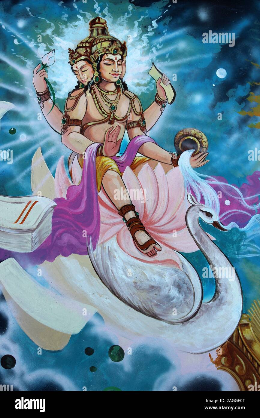 Lord Brahma riding his vehicle (vahana) a white Swan (Hamsa) in the Ramayana Stock Photo