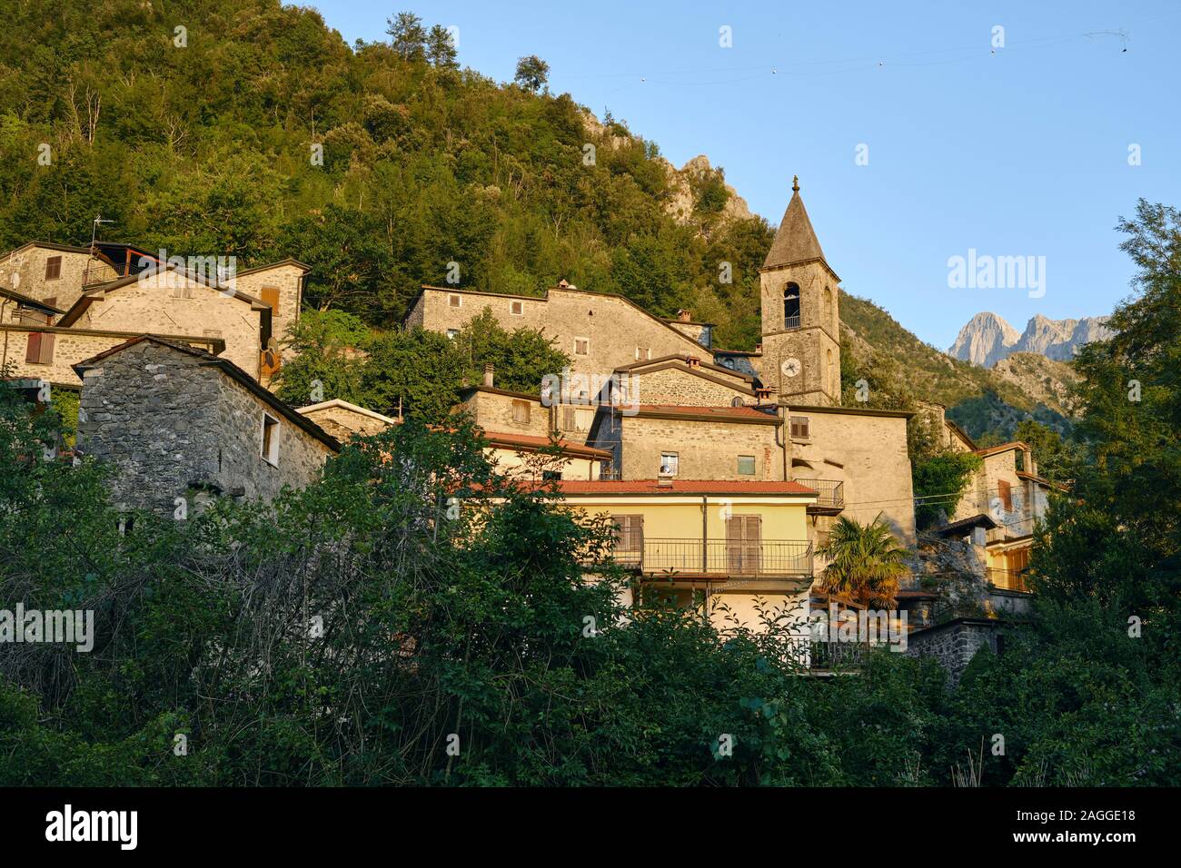 The medieval Apuan mountain village of Equi Terme, Fivizzano, in the province of Massa and Carrara, Tuscany, Italy - Apuane Alps Regional Park Stock Photo