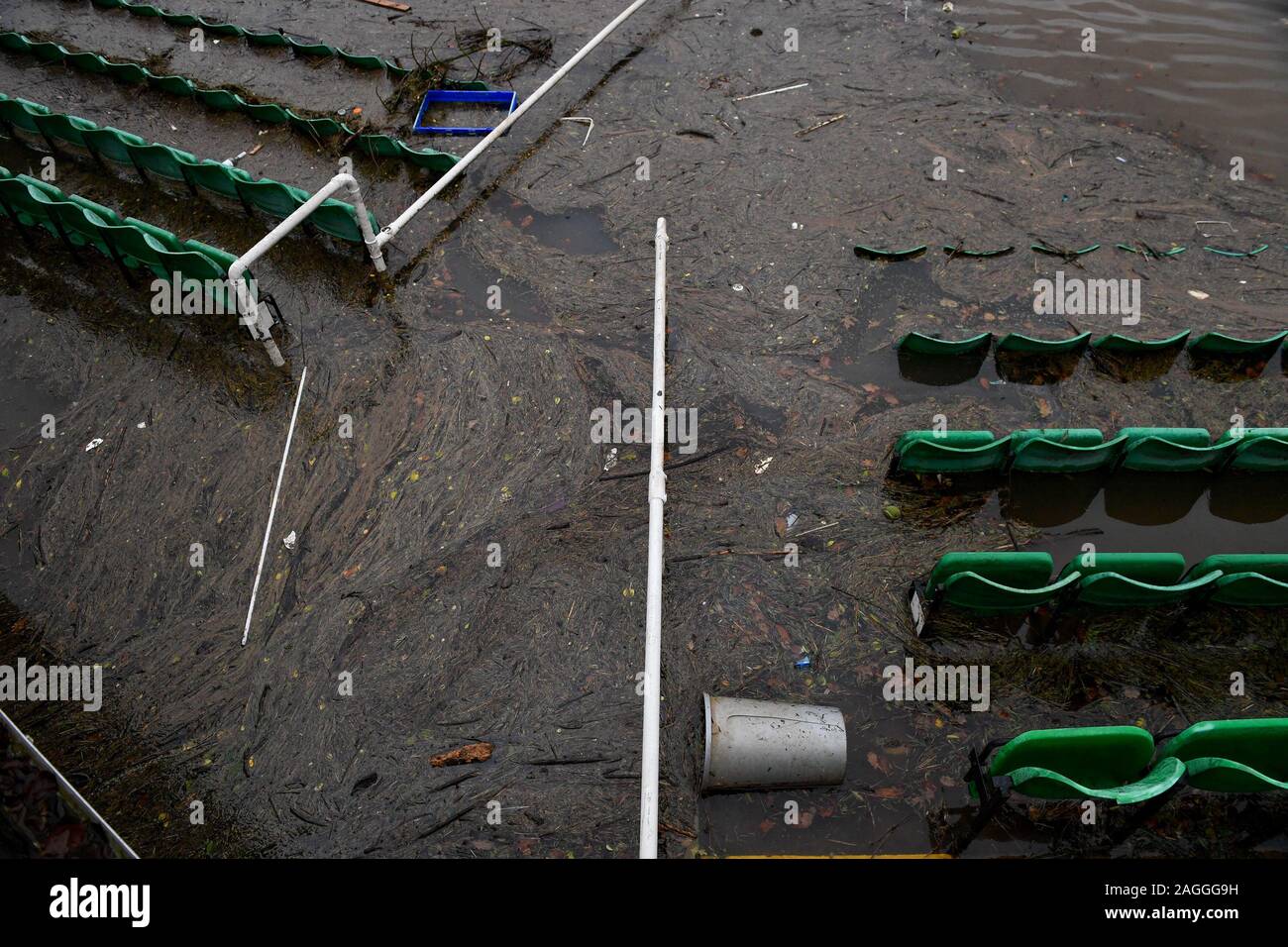 New Road Cricket Ground is flooded for the fifth time in 2019 in Worcester, as weather warnings are in place in the lead up to Christmas. Stock Photo