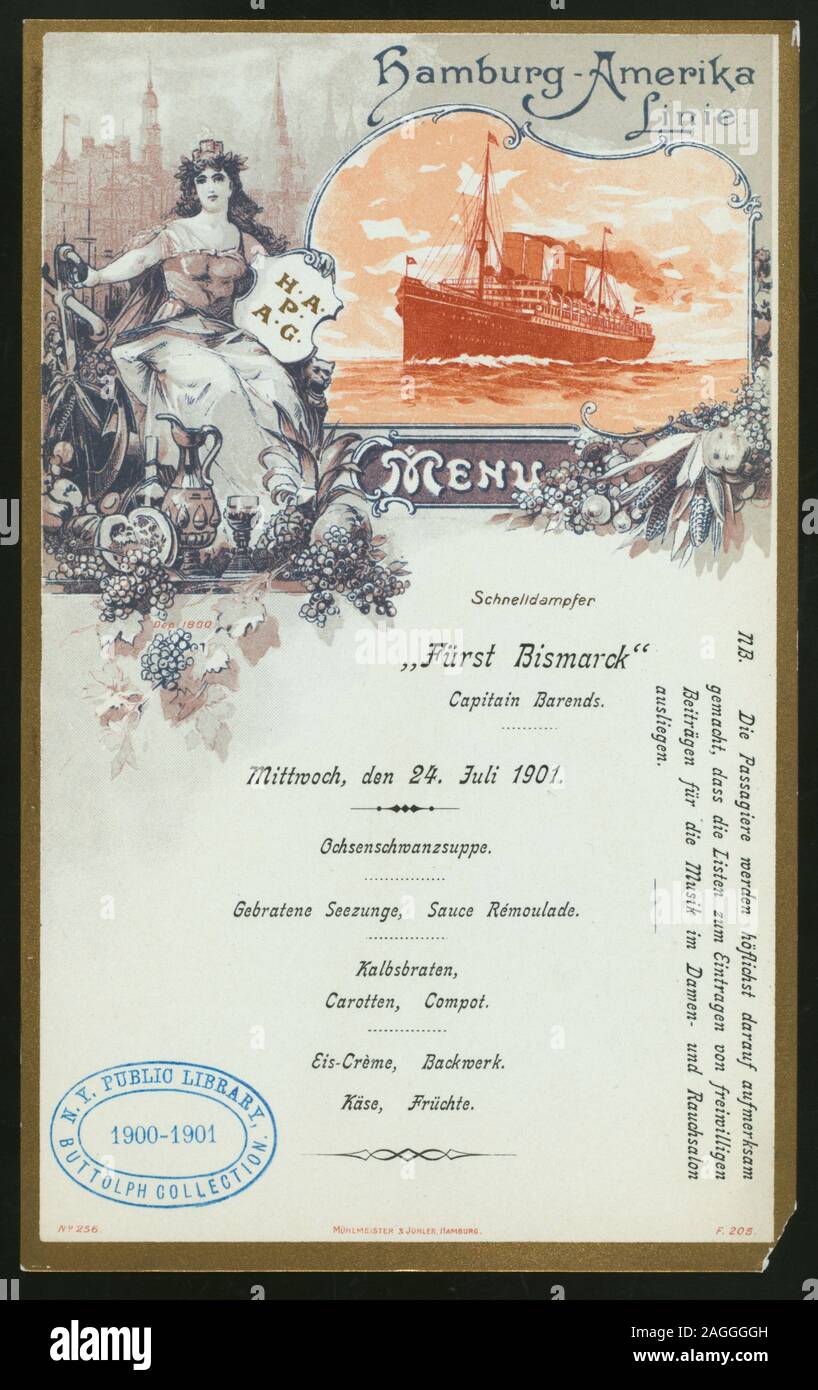MENU IN GERMAN; ILLUSTRATION OF STEAMER AND WOMAN IN CLASSICAL DRESS HOLDING HAMBURG-AMERIKA LOGO; NOTE ABOUT  CONTRIBUTIONS FOR MUSICIANS Citation/Reference: 1901-2023; LUNCH [held by] HAMBURG-AMERIKA LINIE [at] EN ROUTE ABOARD EXPRESS STEAMER FURST BISMARCK (SS;) Stock Photo