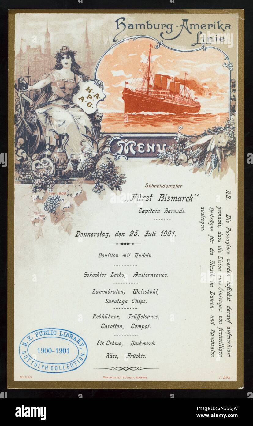 MENU IN GERMAN; ILLUSTRATION OF STEAMER AND WOMAN IN CLASSICAL DRESS HOLDING HAMBURG-AMERIKA LOGO; NOTE ABOUT CONTRIBUTIONS FOR MUSICIANS Citation/Reference: 1901-2035; LUNCH [held by] HAMBURG-AMERIKA LINIE [at] EN ROUTE ABOARD EXPRESS STEAMER FURST BISMARCK (SS;) Stock Photo