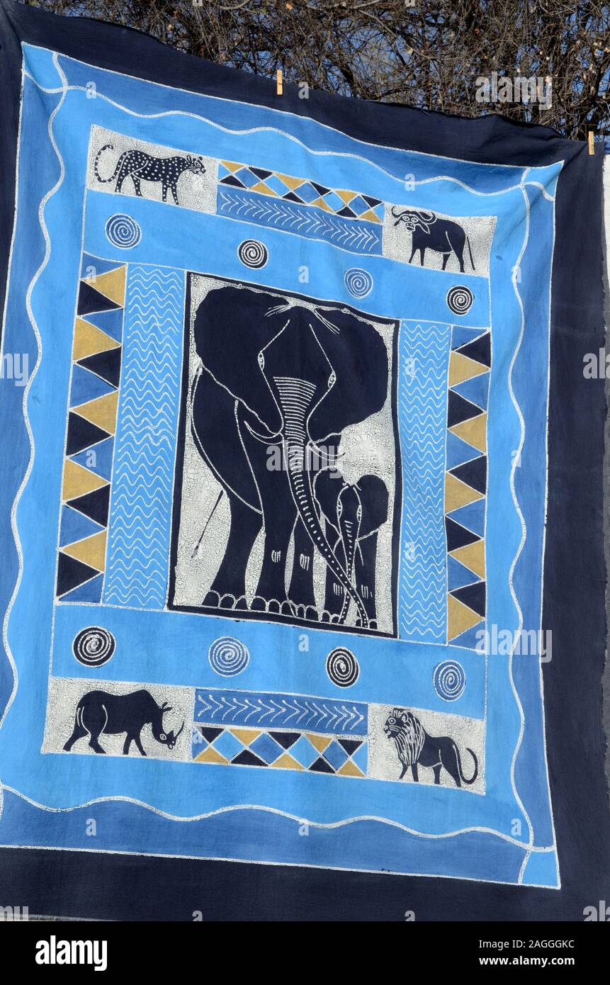 A large batik cloth showing the African big five animals Maun Okavango Delta Botswana Africa Stock Photo