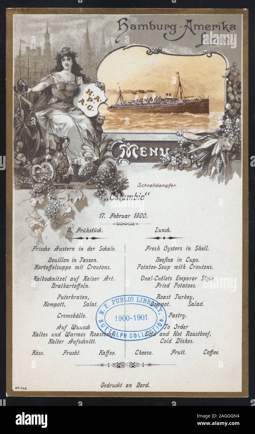 MENU IN GERMAN AND ENGLISH; ILLUSTRAION OF SHIP, WOMAN IN CLASSIC ROMAN(?) DRESS HOLDING SHIELD WITH INITIALS H. A. P. A. G.;; LUNCH [held by] HAMBURG-AMERIKA LINIE [at] EN ROUTE ABOARD SCHNELLDAMPFER (EXPRESS STEAMER) COLUMBIA (SS;) Stock Photo