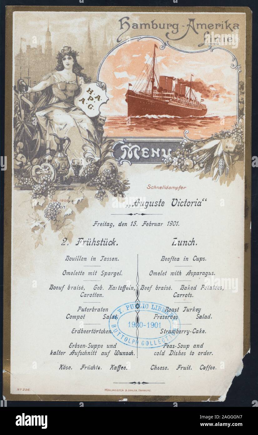 MENU IN GERMAN AND ENGLISH; ILLUSTRATION OF STEAMSHIP AND WOMAN IN CLASSICAL DRESS SURROUNDED BY FRUITS; CITY IN BACKGROUND 1901-0379; LUNCH [held by] HAMBURG-AMERIKA LINIE [at] EN ROUTE ABOARD SCHNELLDAMPFER AUGUSTE VICTORIA (SS;) Stock Photo