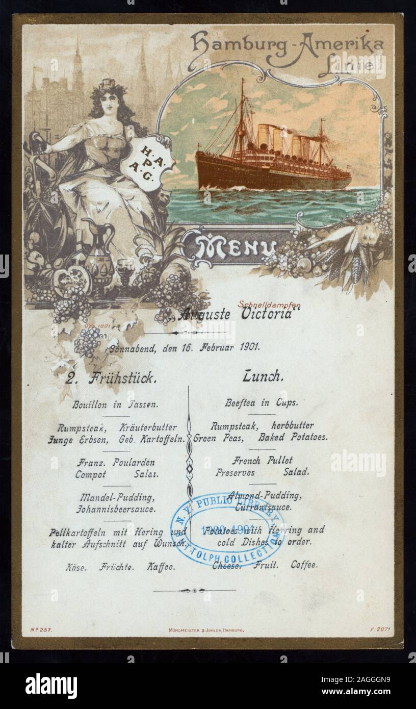 MENU IN GERMAN AND ENGLISH; ILLUSTRATION OF STEAMSHIP AND WOMAN IN CLASSICAL DRESS SURROUNDED BY FRUITS; CITY IN BACKGROUND 1901-0384; LUNCH [held by] HAMBURG-AMERIKA LINIE [at] EN ROUTE ABOARD SCHNELLDAMPFER AUGUSTE VICTORIA (SS;) Stock Photo