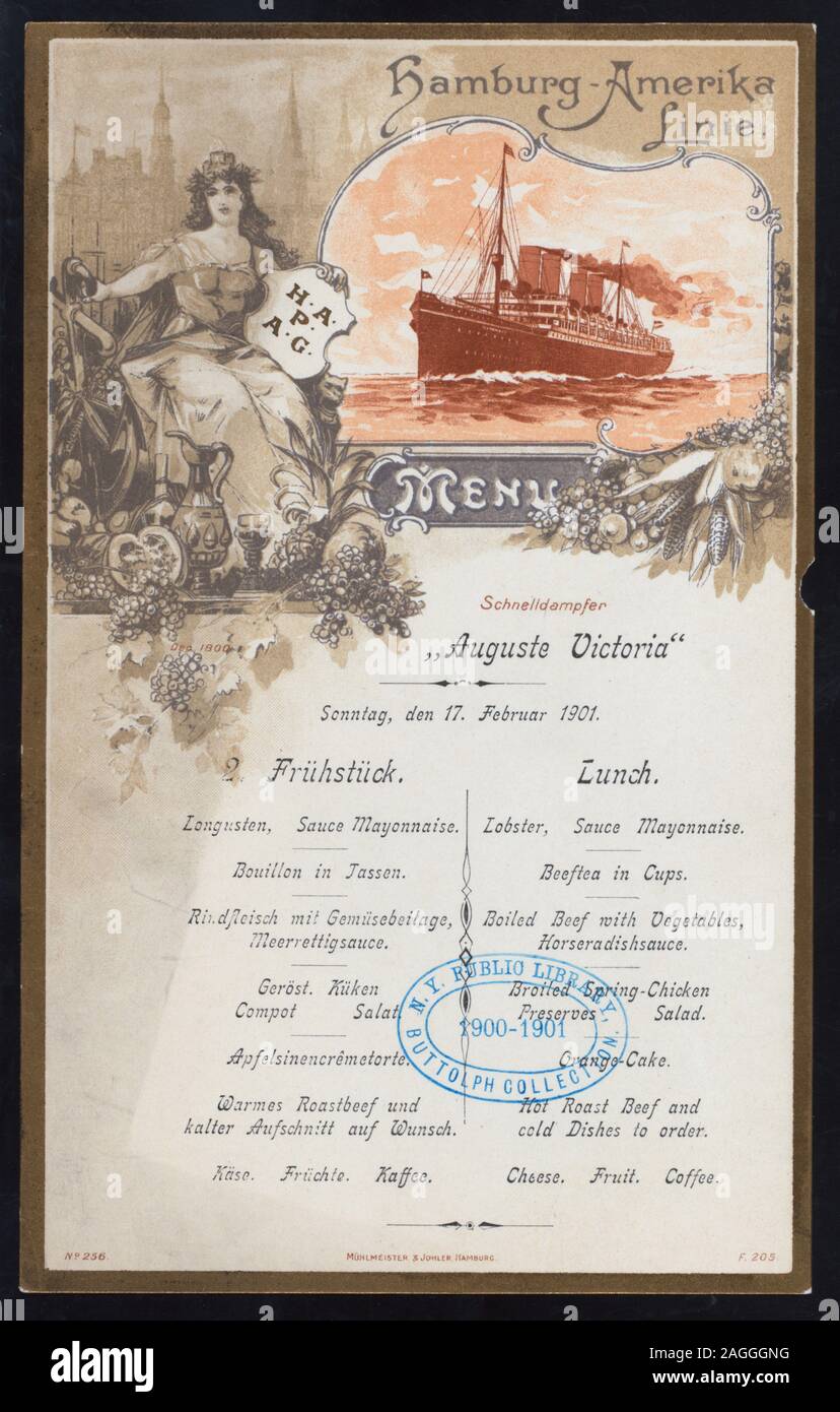 MENU IN GERMAN AND ENGLISH; ILLUSTRATION OF STEAMSHIP AND WOMAN IN CLASSICAL DRESS SURROUNDED BY FRUITS; CITY IN BACKGROUND 1901-0396; LUNCH [held by] HAMBURG-AMERIKA LINIE [at] EN ROUTE ABOARD SCHNELLDAMPFER AUGUSTE VICTORIA (SS;) Stock Photo
