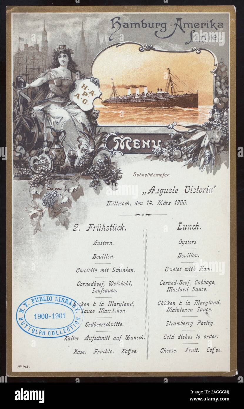 MENU IN GERMAN AND ENGLISH; ILLUSTRATION OF WOMAN IN CLASSICAL DRESS HOLDING SHIELD WITH LETTERS H.A.P.A.G; FRUIT; STEAMER; LUNCH [held by] HAMBURG-AMERIKA LINIE [at] EN ROUTE ABOARD SCHNELLDAMPMER (EXPRESS STEAMER) AUGUSTE VICTORIA (SS;) Stock Photo