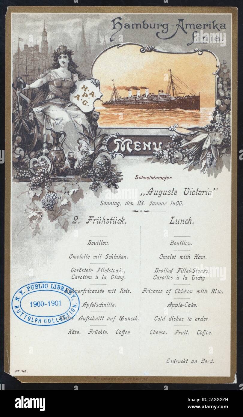 FEMALE FIGURE AMID FOOD,DRINK AND UTENSILS HOLDING A SHIELD WITH HAPAG INITIALS,BACKGROUND OF A CITYCSAPE,INSERT OF SHIP AT SEA;SEPARATE LISTINGS IN GERMAN AND ENGLISH; 1900-0575; LUNCH [held by] HAMBURG-AMERIKA LINIE [at] SS AUGUSTE VICTORIA (SS;) Stock Photo