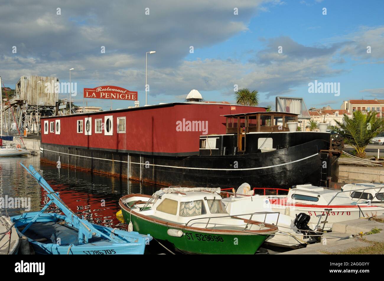 La Peniche Restaurant in a Converted Barge, Bargeboat or Canal Boat Sète Hérault France Stock Photo