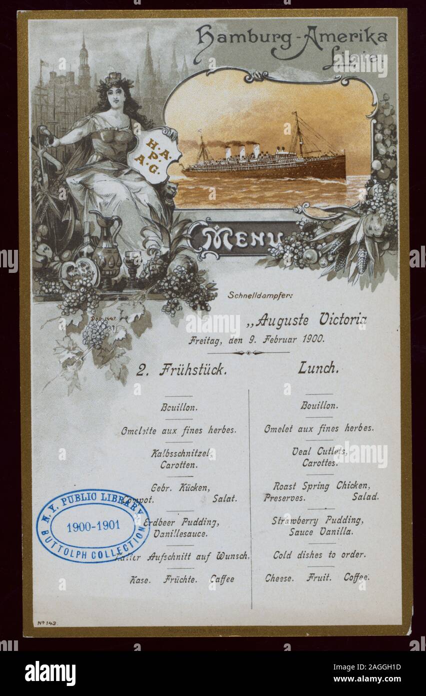 BUXOM WOMAN SEATED AMONG FOOD AND DRINK WITH A CITY BACKGROUND;SHIP AT SEA IN INSERT;SEPARATE GERMAN AND ENGLISH MENU LISTINGS 1900-0838; LUNCH [held by] HAMBURG-AMERIKA LINIE [at] SS AUGUSTE VICTORIA (SS;) Stock Photo