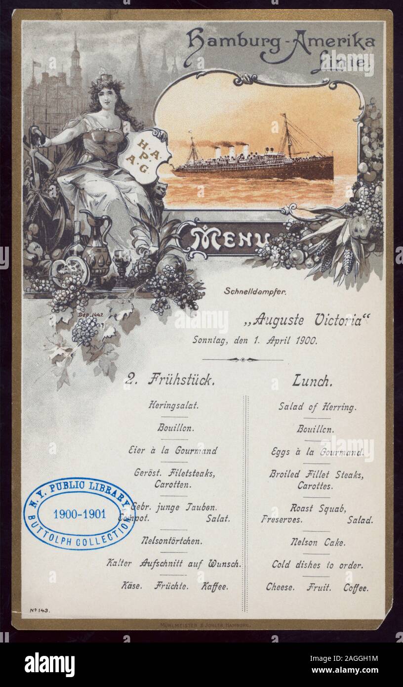 SEPARATE LISTINGS IN GERMAN AND ENGLISH 1900-2644; LUNCH [held by] HAMBURG-AMERIKA LINIE [at] SS AUGUSTE VICTORIA (SS;) Stock Photo