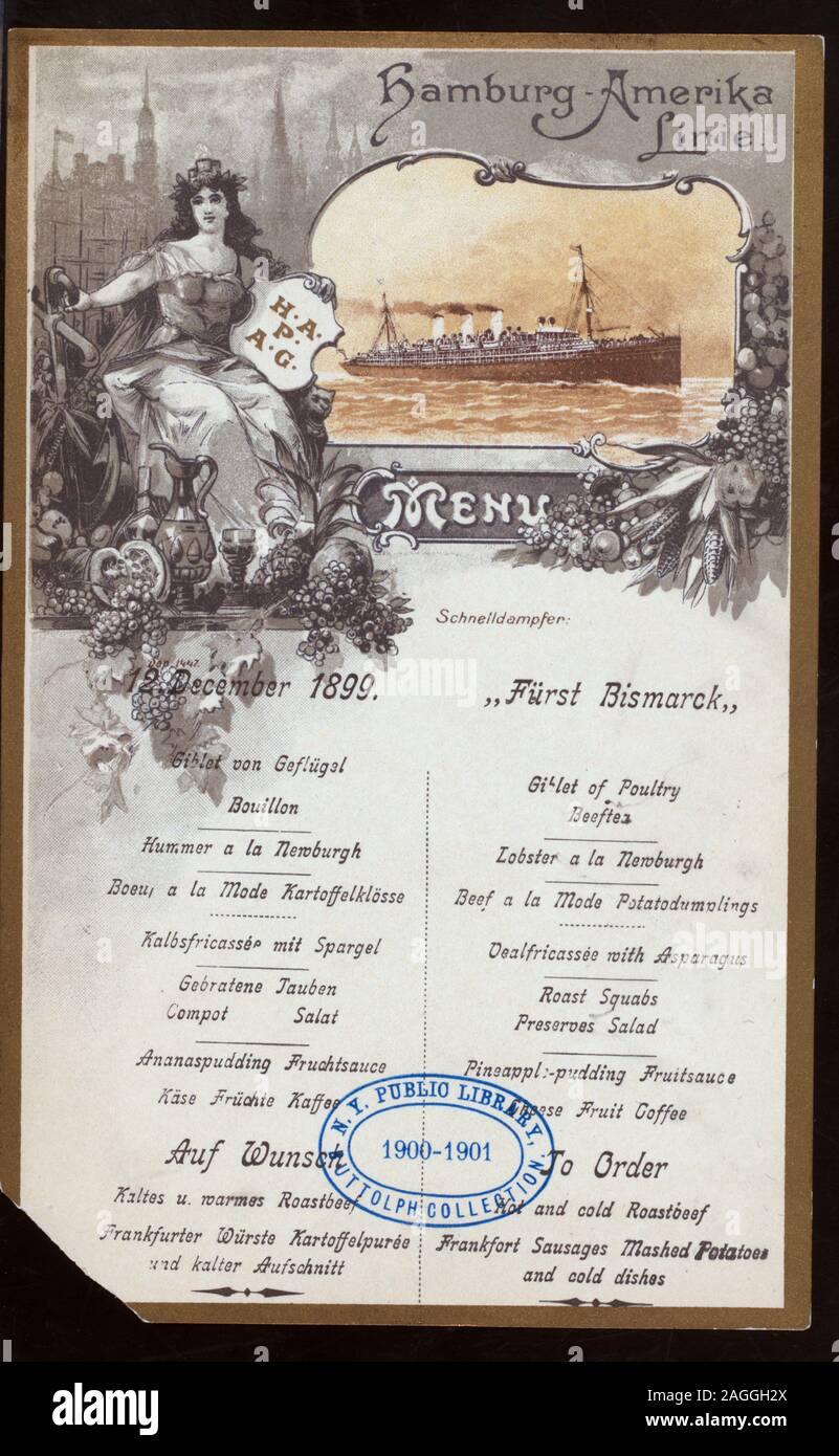 SEPARATE ENGLISH AND GERMAN MENUS LISTED;ILLUSTRATIONS,STEAMSHIP,BUXOM DRESSED WOMAN SURROUNDED BY FRUITS,VEGETABLES AND IMPLEMENTS WITH FAINT CITYSCAPE IN BACKGROUND; 1899-0825; LUNCH [held by] HAMBURG-AMERIKA LINIE [at] SS FURST BISMARCK (SS;) Stock Photo