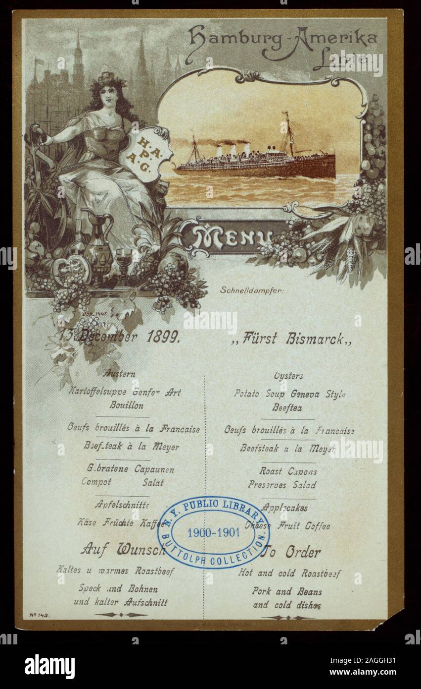 SEPARATE ENGLISH AND GERMAN MENUS LISTED;ILLUSTRATIONS,STEAMSHIP,BUXOM DRESSED WOMAN SURROUNDED BY FRUITS,VEGETABLES AND IMPLEMENTS WITH FAINT CITYSCAPE IN BACKGROUND; 1899-0826; LUNCH [held by] HAMBURG-AMERIKA LINIE [at] SS FURST BISMARCK (SS;) Stock Photo