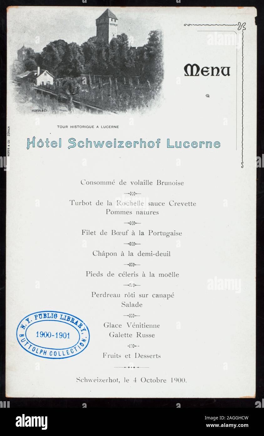 RURAL SCENE;FRENCH MENU; LUNCH [held by] HOTEL SCHWEIZERHOF LUCERNE [at