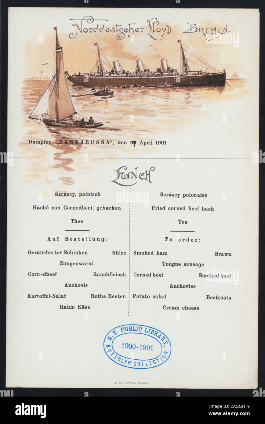 GERMAN & ENGLISH; ILLUSTRATION OF STEAMSHIP AT SEA, SURROUNDED BY SMALLER VESSESLS; THERE ARE MENUS FOR TWO DIFFERENT CLASSES FOR THIS DATE; Citation/Reference: 1901-0947; LUNCH [held by] NORDDEUTSCHER LLOYD BREMEN [at] DAMPFER BARBAROSSA (SS;) Stock Photo