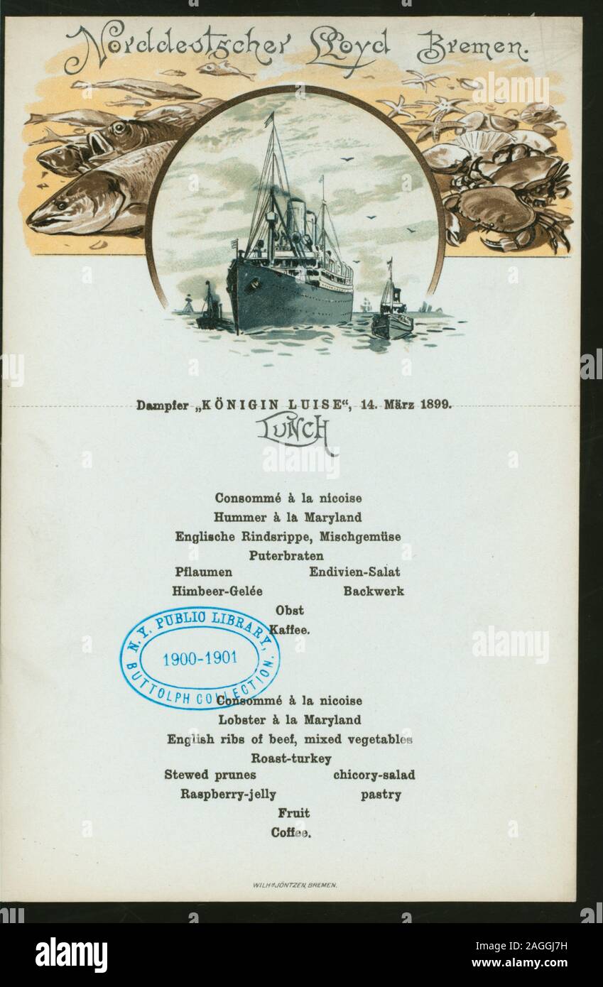 MENU IN GERMAN AND ENGLISH;POSTCARD ATTACHED WITH PERFORATIONS MEANT TO BE DETACHED;ONE OF THREE FOR SAME DATE WITH DIFFERENT ITEMS ON EACH 1899-0251; LUNCH [held by] NORDDEUTSCHER LLOYD BREMEN [at] KONIGIN LUISE (SS;) Stock Photo