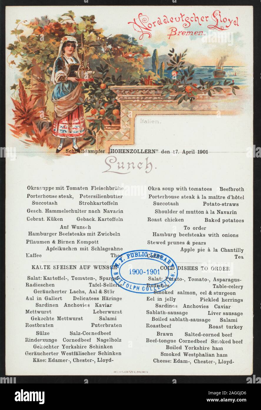 GERMAN & ENGLISH; ILLUSTRATION OF ITALIAN WOMAN IN PROVINCIAL COSTUME SERVING WINE ON A BALCONY Citation/Reference: 1901-0942; LUNCH [held by] NORDDEUTSCHER LLOYD BREMEN [at] SCHNELLDAMPFER HOHENZOLLERN (SS;) Stock Photo