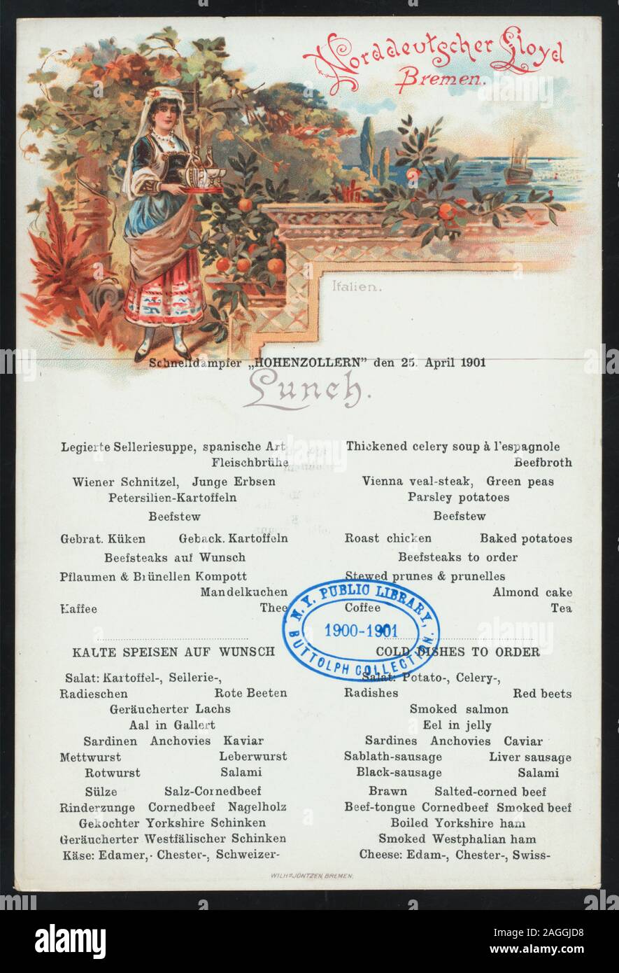 GERMAN & ENGLISH; ILLUSTRATION OF MYTHICAL FIGURES, ANCHORS, SMALL STEAMSHIP; CONCERT PROGRAMM ON BACK COVER; Citation/Reference: 1901-0995A; LUNCH [held by] NORDDEUTSCHER LLOYD BREMEN [at] SCHNELLDAMPFER HOHENZOLLERN (SS;) Stock Photo