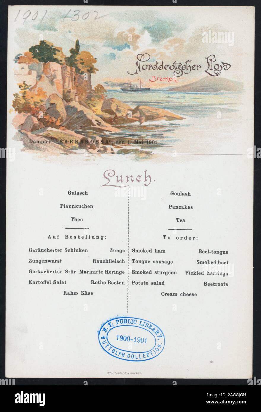 SHIP AT SEA NEAR HILLY COAST; MENUS SEPARATE IN GERMAN AND ENGLISH;MAY BE USED AS POSTCARD Citation/Reference: 1901-1106; LUNCH [held by] NORDDEUTSCHER LLOYD BREMEN [at] SS BARBAROSSA (SS;) Stock Photo