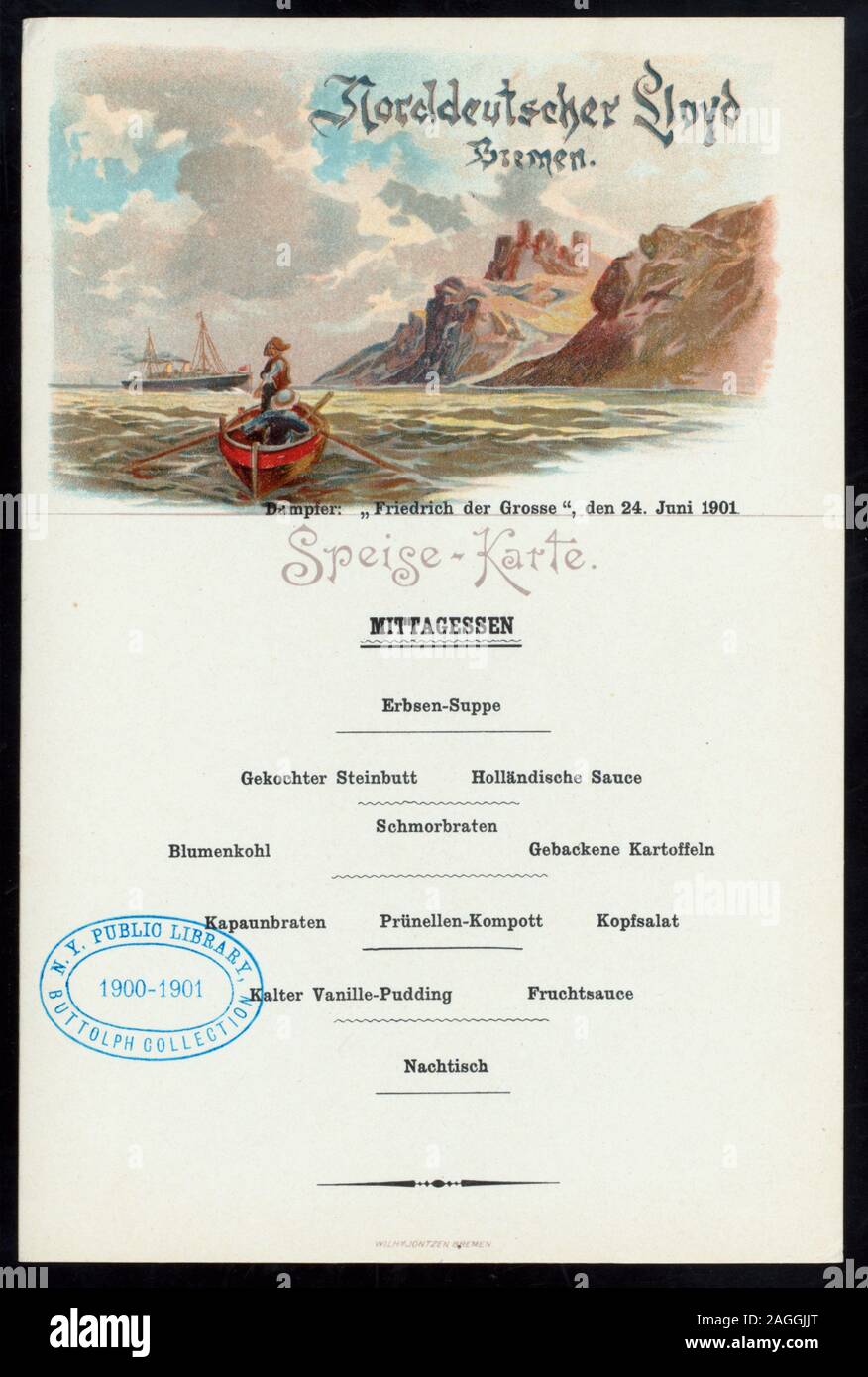 SHIPS;COAST WITH ROCKS; MENUS SEPARATE IN GERMAN AND ENGLISH;MAY BE USED AS POSTCARD Citation/Reference: 1901-1763; LUNCH [held by] NORDDEUTSCHER LLOYD BREMEN [at] SS FRIEDRICH DER GROSSE (SS;) Stock Photo