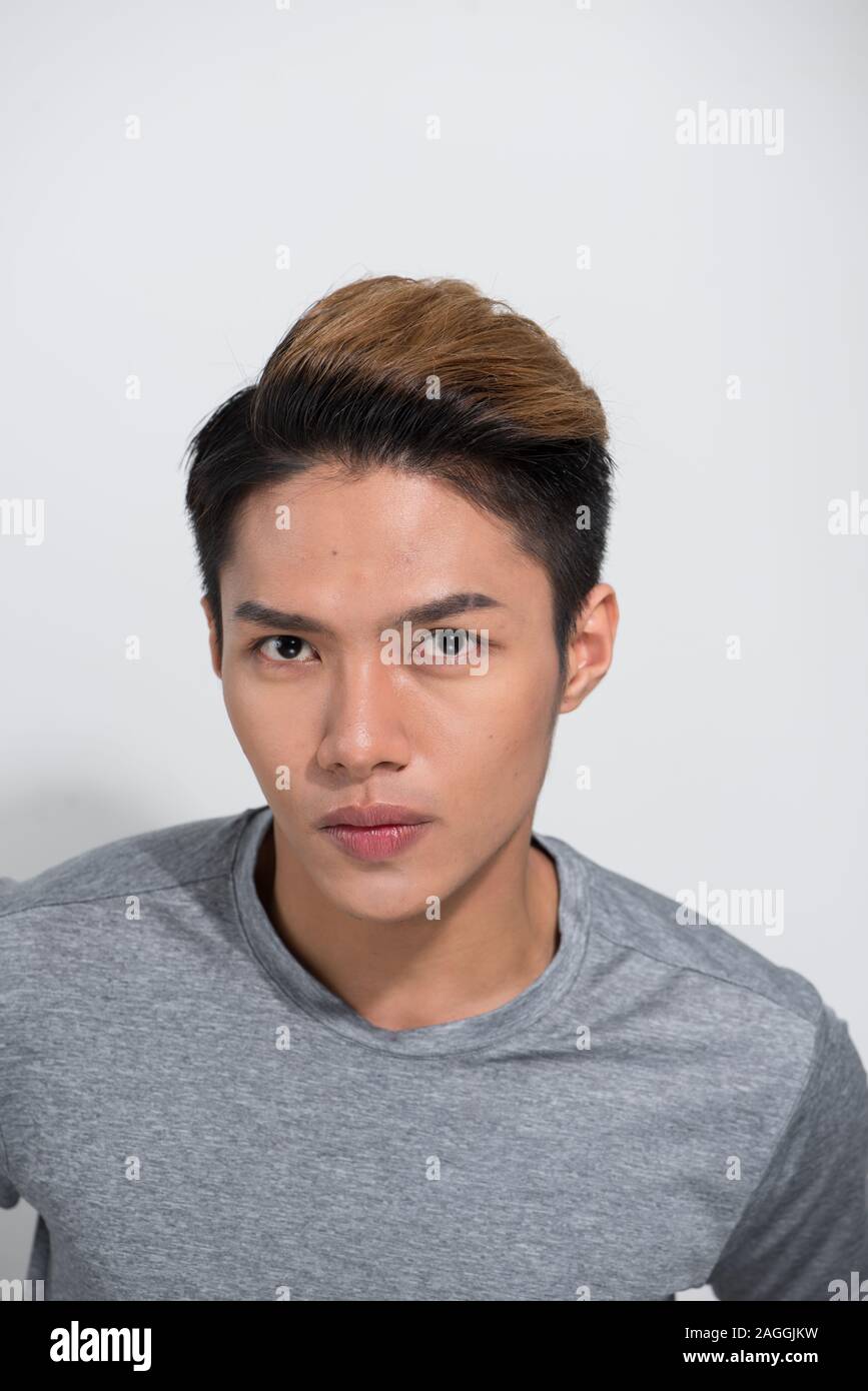 Close up portrait asian handsome man wearing tshirt. Stock Photo