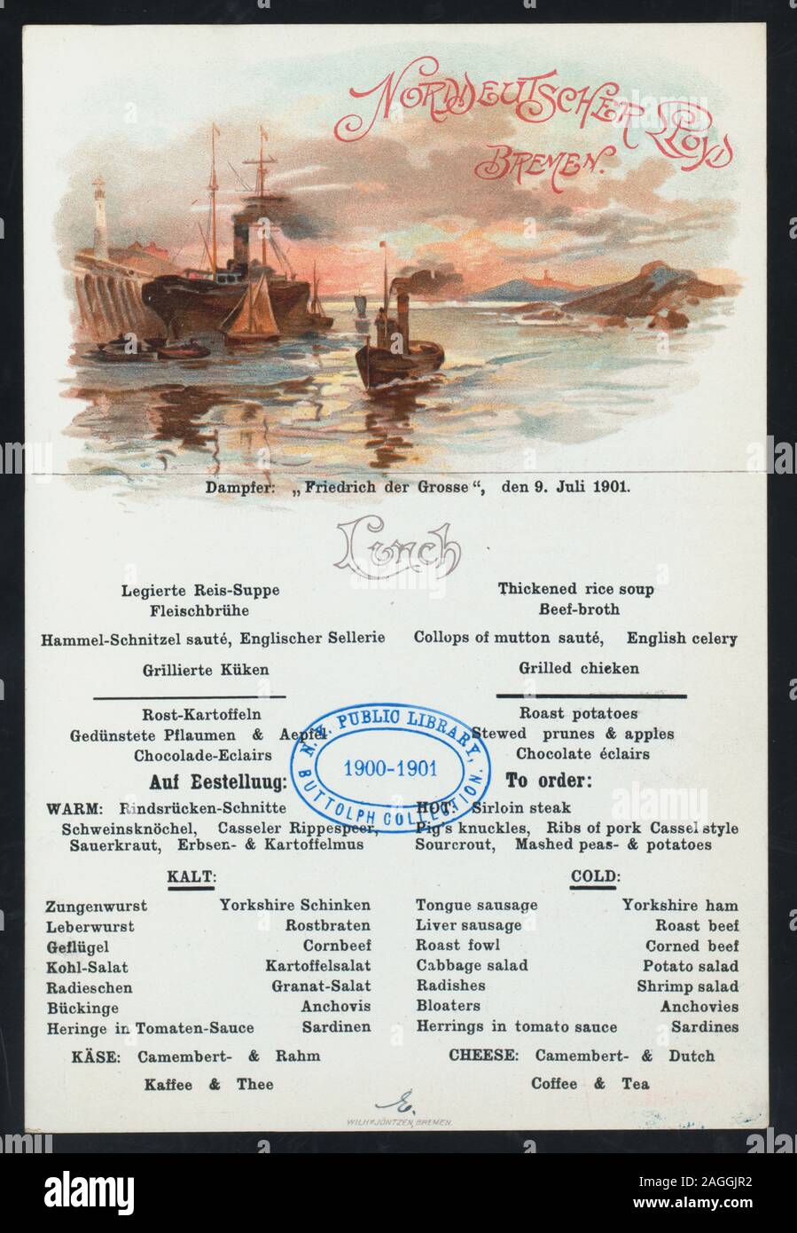 SHIPS IN HARBOR; MENUS SEPARATE IN GERMAN AND ENGLISH; MAY BE USED AS POSTCARD Citation/Reference: 1901-1914; LUNCH [held by] NORDDEUTSCHER LLOYD BREMEN [at] SS FRIEDRICH DER GROSSE (SS;) Stock Photo