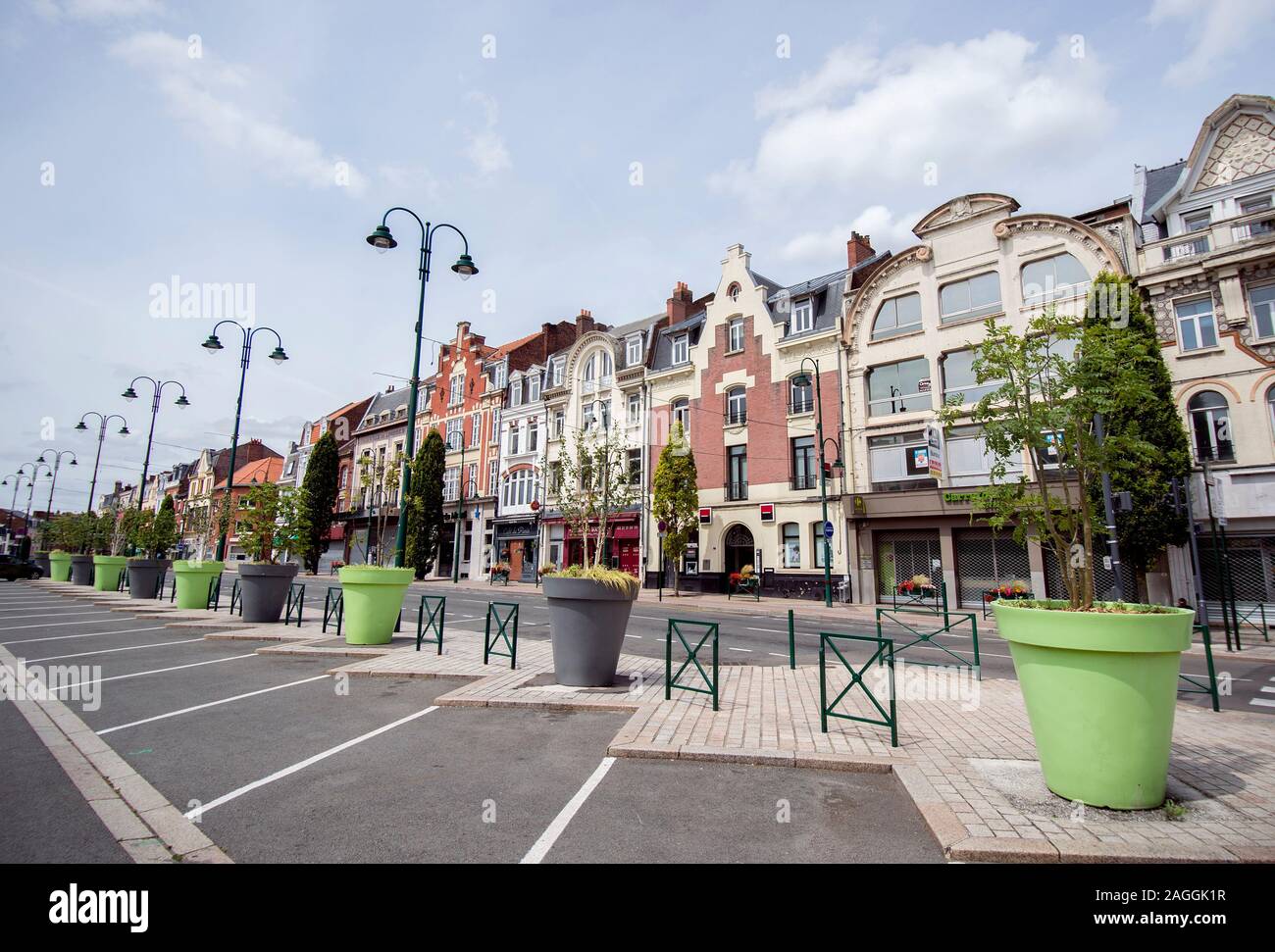 Lens (northern France): traditional building facades in place Jean Jaures' square, in the city centre Stock Photo