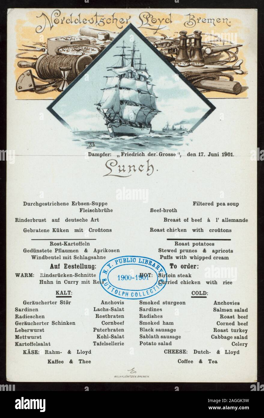 GERMAN & ENGLISH; ILLUSTRATIONS OF LARGE SAILBOAT AT SEA AND NAVIGATION TOOLS; CARD ALSO A POSTCARD Citation/Reference: 1901-1675; LUNCH [held by] NORDDEUTSCHERRR LLOYD BREMEN [at] SS FRIEDRICH DER GROSSE (SS;) Stock Photo