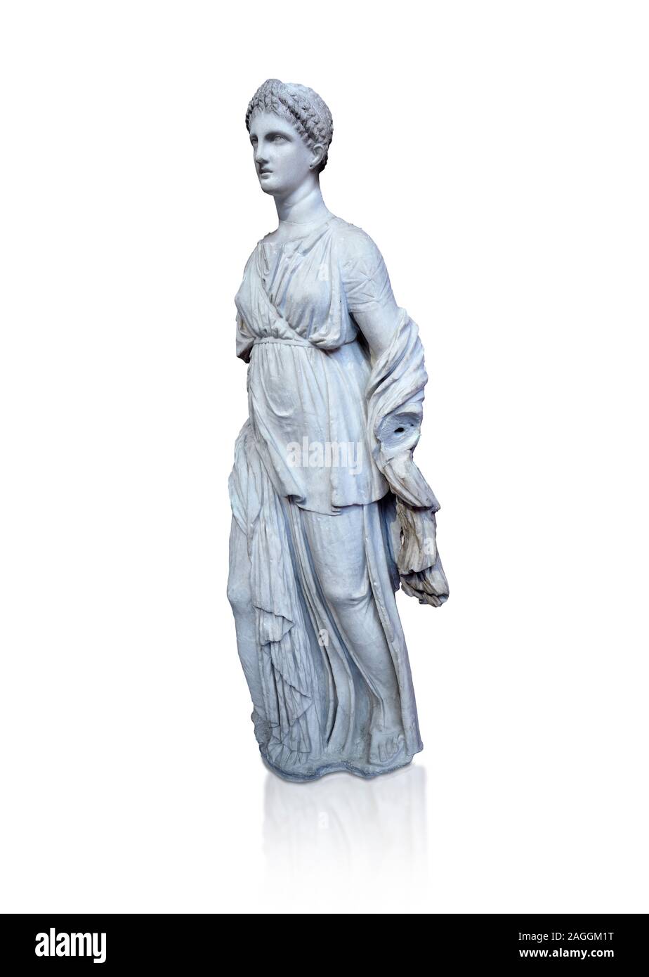 Statue of Artemis, found at the 'House of Diadoumenos' on Delos. Pariam marble, Circa 100 BC. Athens Archaeological Museum, Cat No 1829. Against white Stock Photo