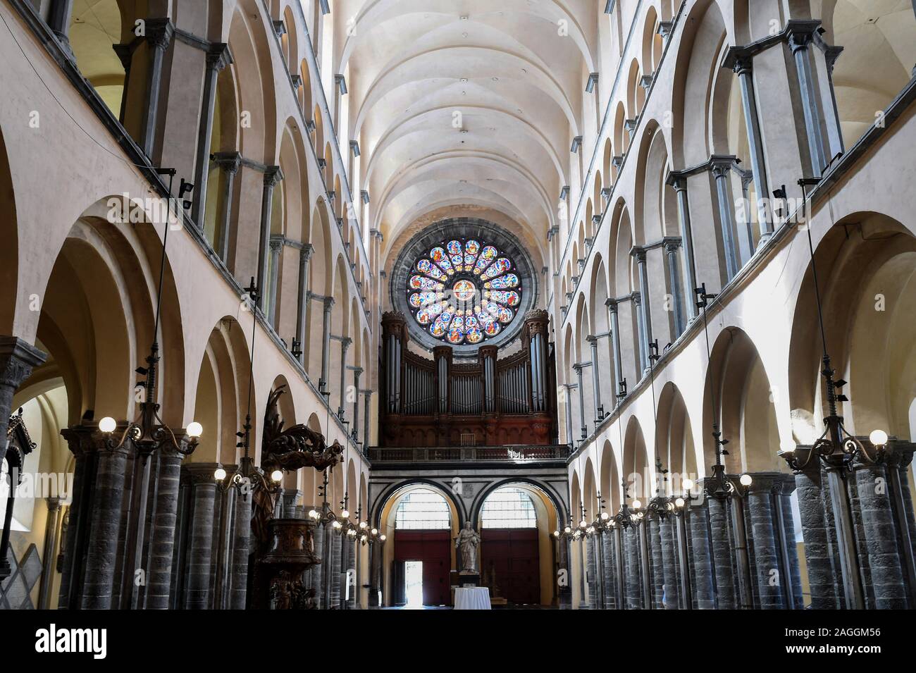 Belgium, Tournai: interior of the Tournai Cathedral or Cathedral of Our Lady (French: Notre-Dame de Tournai), registered as a UNESCO World Heritage Stock Photo