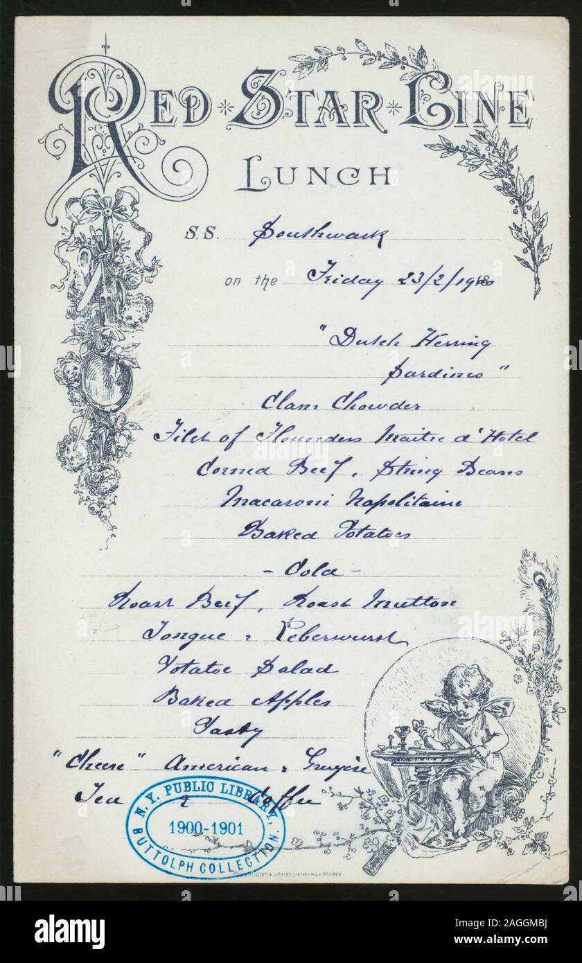 ALL FOOD ITEMS HANDWRITTEN; LUNCH [held by] RED STAR LINE - S.S. SOUTHWARK [at] EN ROUTE (SS) Stock Photo