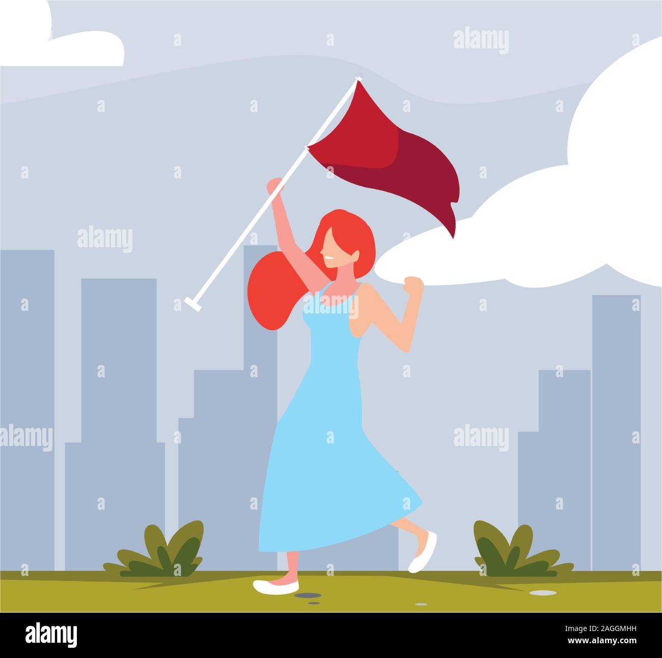 young woman holding a red flag vector illustration design Stock Vector