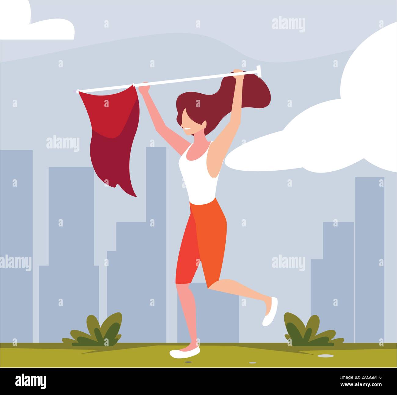 young woman holding a red flag vector illustration design Stock Vector