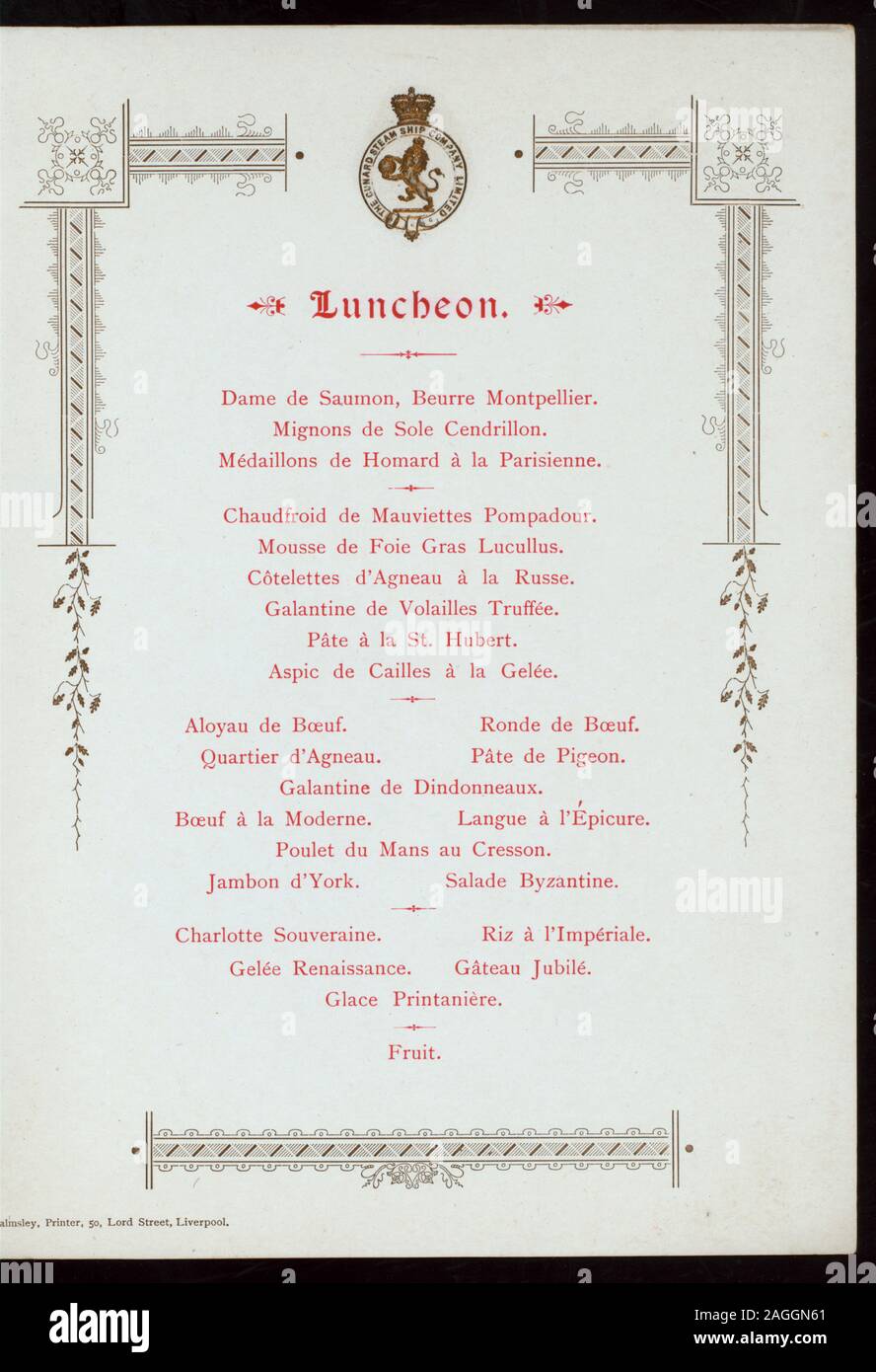 Menu In French Lunch For Diamond Jubilee Of Queen Victoria Held By Cunard Steamship Company Limited At Royal Mail Steamship Campania Spithead England Ss Foreign Stock Photo Alamy