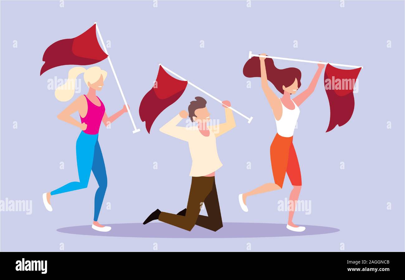 gruop of people with red flags vector illustration design Stock Vector