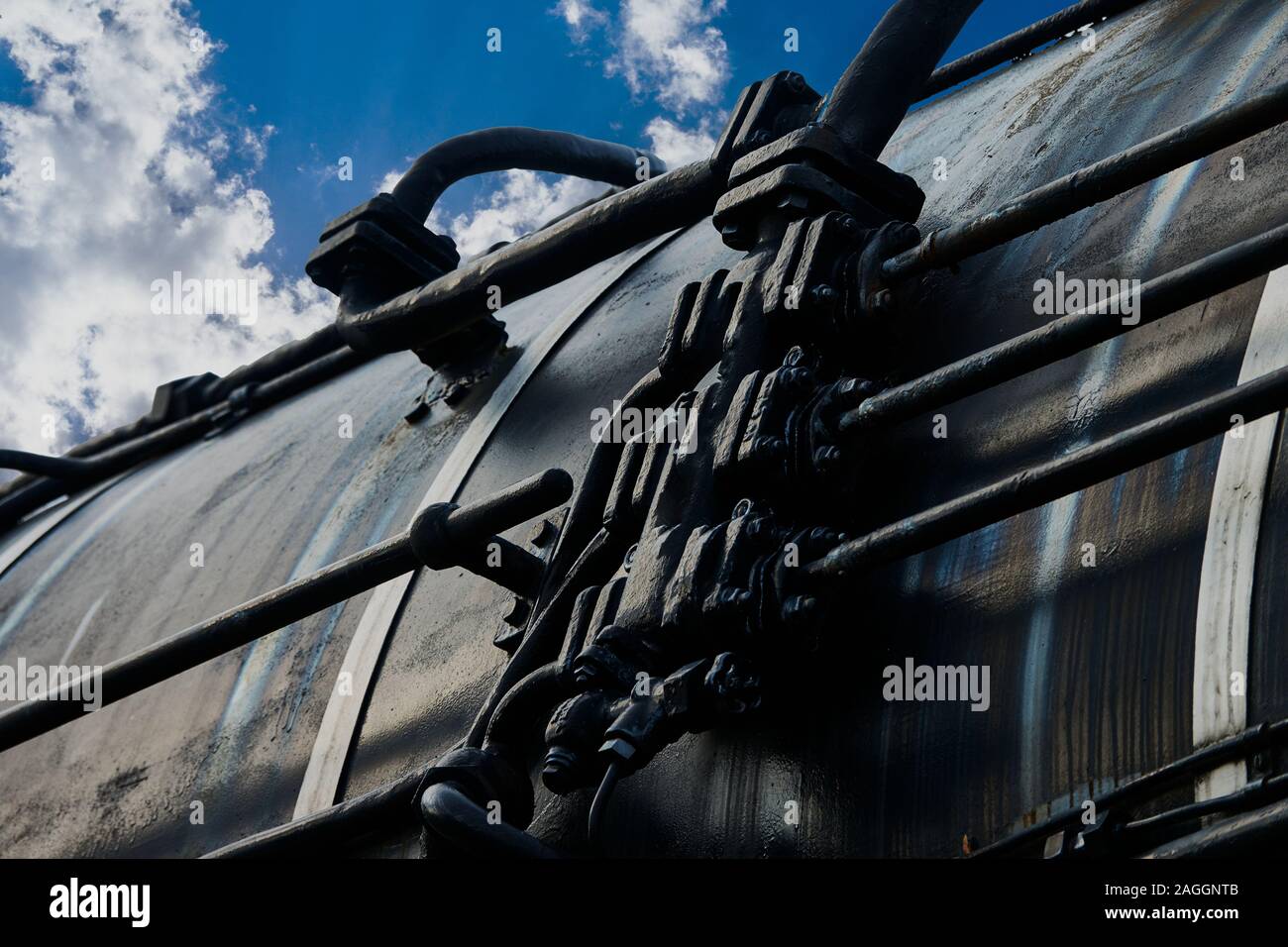 Side view of a part of a black historical locomotive, detailed view Stock Photo