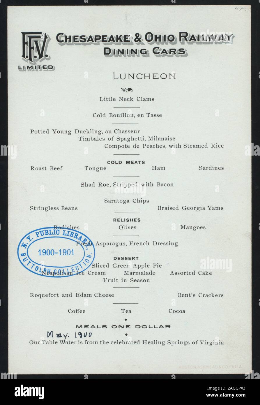 HAND-WRITTEN DATE: MAY 1900 [FEB?]; LUNCHEON [held by] CHESAPEAKE & OHIO RAILWAY [at] DINING CAR (RR;) Stock Photo