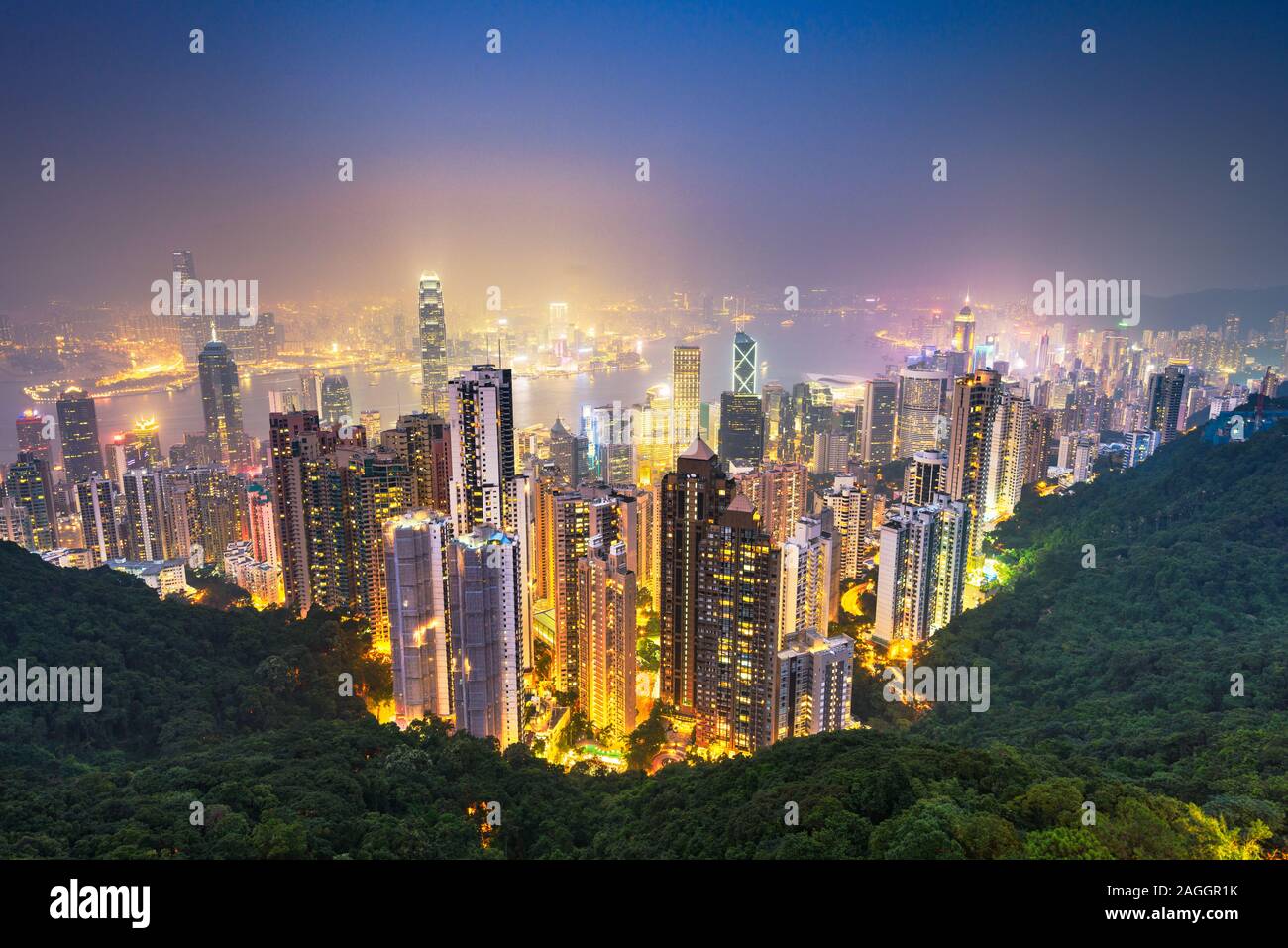 Hong Kong, China Cityscape from Victoria Peak at night. Stock Photo