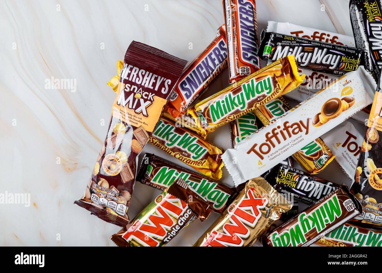 New York NY DEC 19 2019 Incorporated manufactured Toffifee, Milky way, Raffaello, snickers