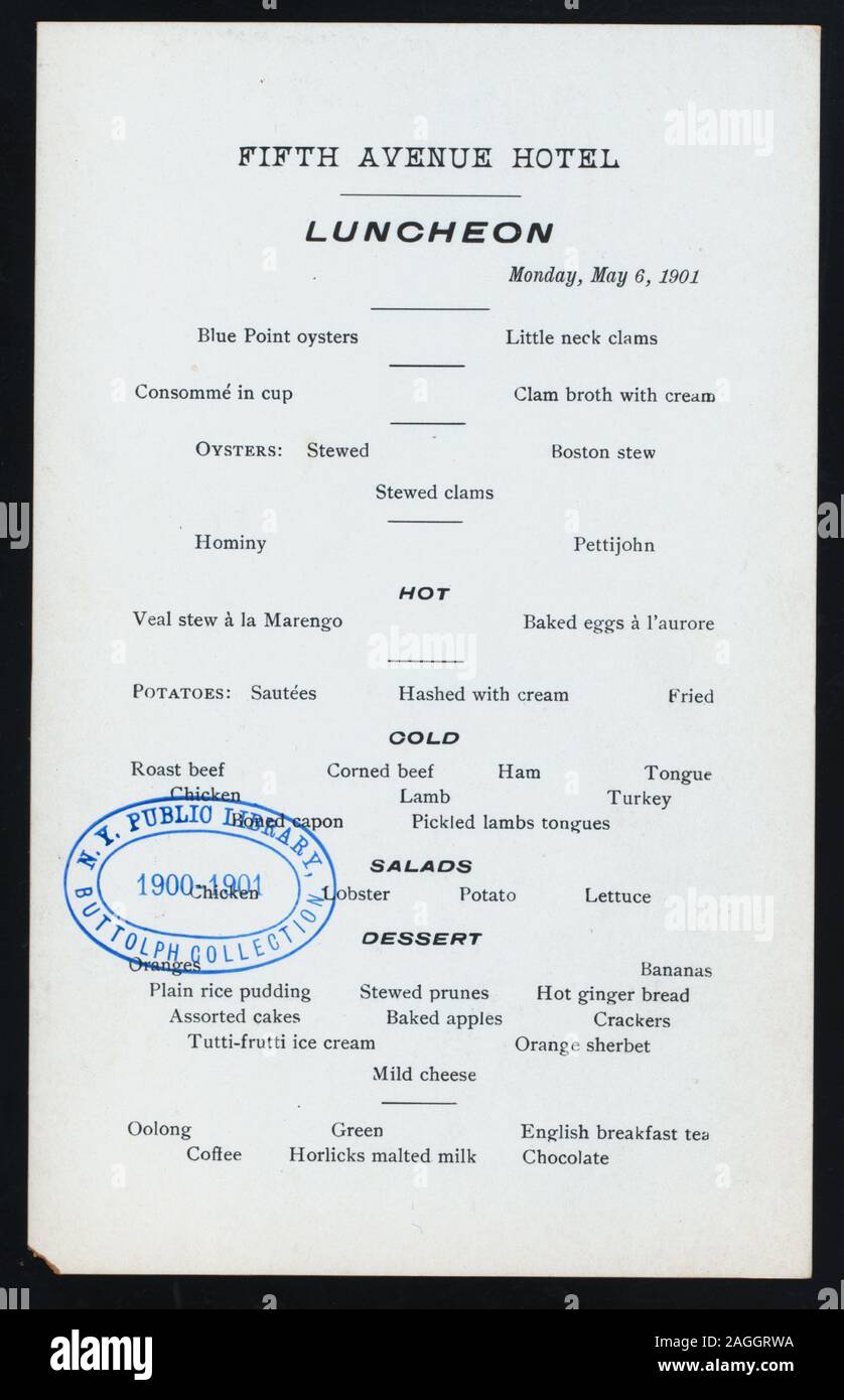 TABLE D'HOTE MENU; [ON BACK OF MENU, RESTAURANT 24 ST. SIDE ENTERED BY FEB]  Citation/Reference: 1901-1155; LUNCHEON [held by] FIFTH AVENUE HOTEL [at]  NEW YORK, NY (HOTEL Stock Photo - Alamy