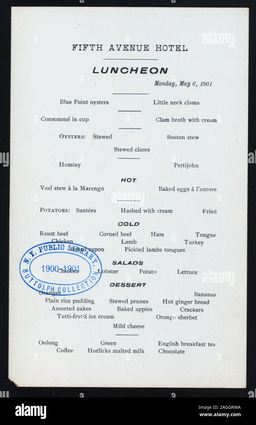 Table D Hote Menu On Back Of Menu Restaurant 24 St Side Entered By Feb Citation Reference 1901 1155 Luncheon Held By Fifth Avenue Hotel At New York Ny Hotel Stock Photo Alamy