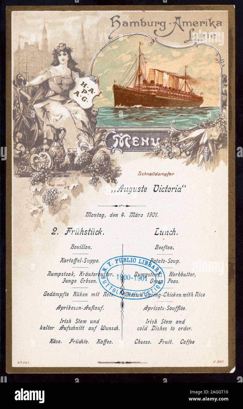 MENU IN GERMAN AND ENGLISH; ILLUSTRATION OF WOMAN IN CLASSICAL DRESS HOLDING SHIELD LETTERED H.A.P.A.G; LUNCHEON [held by] HAMBURG-AMERIKA LINIE [at] EN ROUTE ABOARD SCHNELLDAMPFER AUGUSTE VICTORIA (SS;) Stock Photo