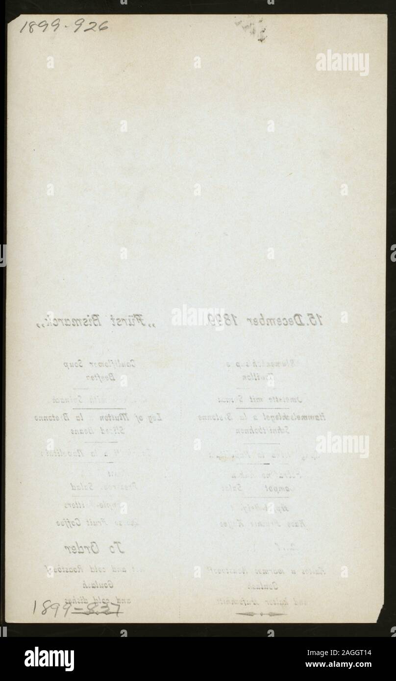 ENGLISH AND GERMAN; FEMALE FIGURE, FOOD, AND SHIP; 1899-0837; LUNCHEON [held by] HAMBURG-AMERIKA LINIE [at] ENROUTE  ABOARD SCHNELLDAMPFER (EXPRESS-STEAMER) FURST BISMARCK (SS;) Stock Photo