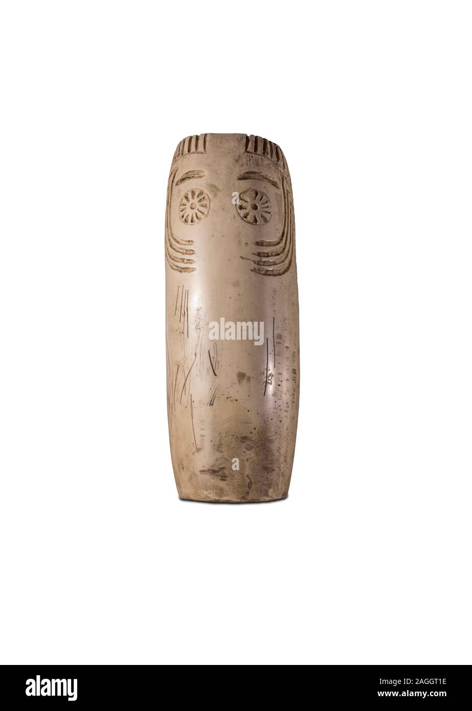 Cylindrical alabaster idol from Guadalquivir Valley from 3000 BC. Isolated Stock Photo